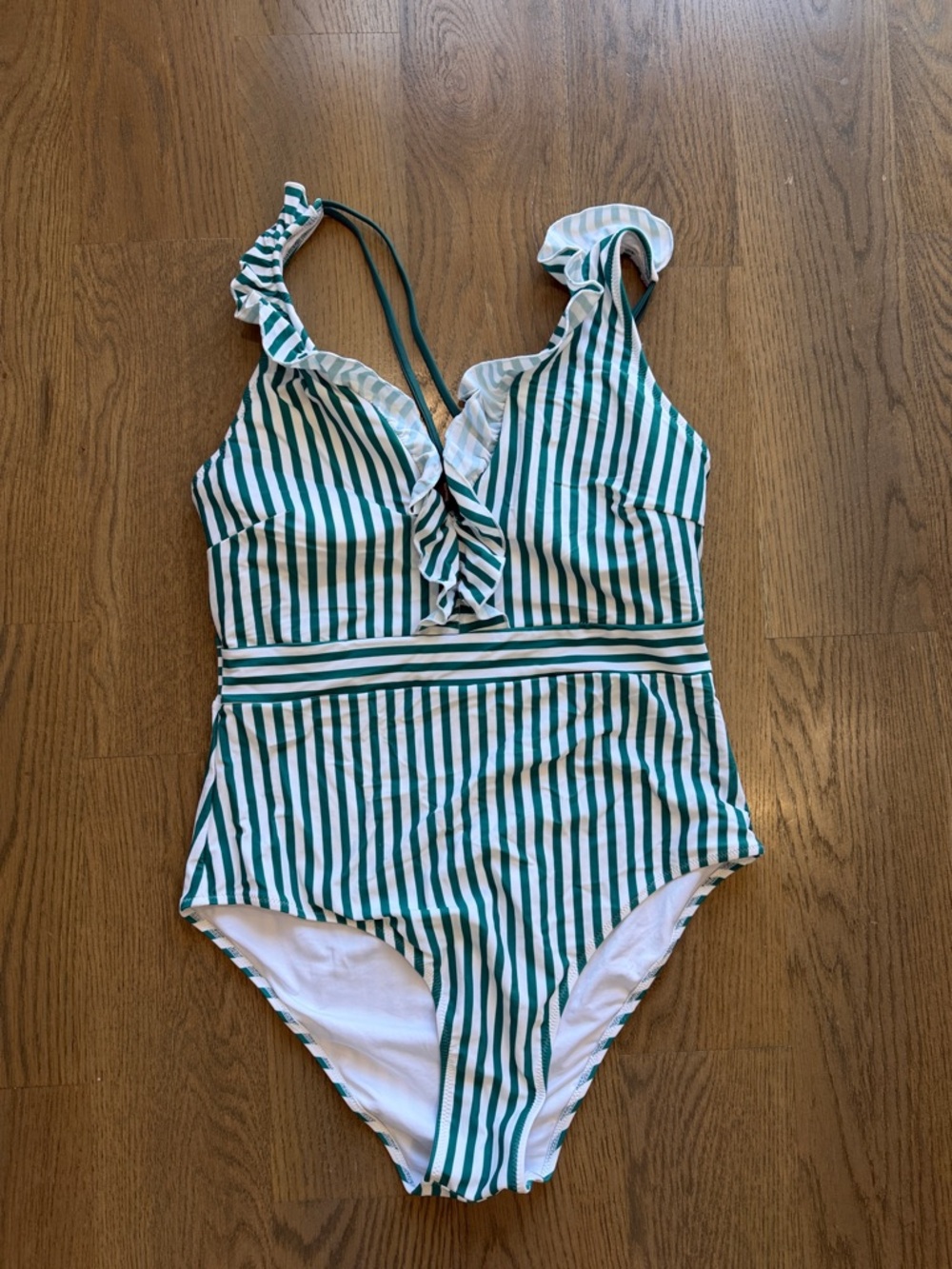 Woman’s size 10 Green and White Stripe One-Piece Swimsuit - Ruffle V-Neck